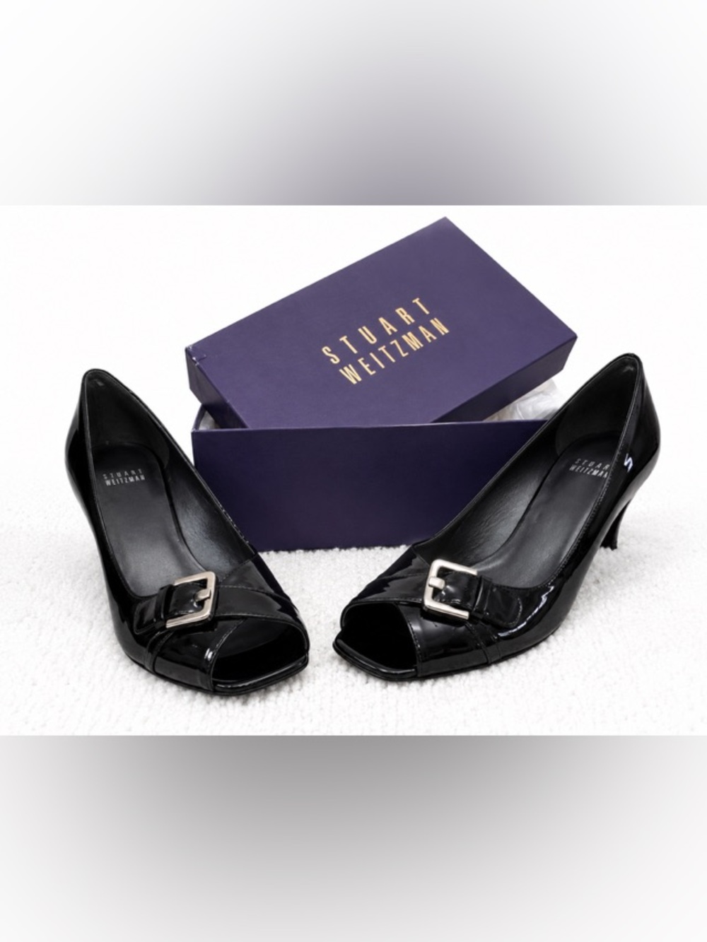 Stuart Weitzman Black Patent Peep Toe Heels
